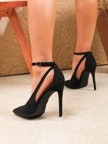 Sexy Fashion Suede Pointed Toe Stiletto Heel Casual Versatile Ankle Strap High Heels - Black - View 5