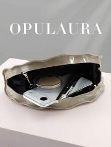 OpulAura 复古贝壳形纹理金属色手拿包，轻盈树脂材质，不对称设计，磁扣闭合，适合派对、婚礼、毕业典礼、晚宴、女士生日派对、婚礼和舞会等场合。 - 杏色 - 查看 3
