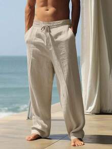 Men's Breathable Linen Loose Casual Sports Pants, Suitable Beach, Spring/Summer - Màu Khaki - Xem 10