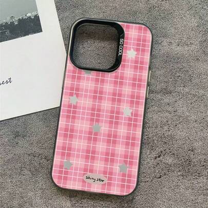 Ốp lưng điện thoại thời trang màu hồng kẻ caro hình ngôi sao, phối màu gradient, chất liệu IMD, viền mềm, mặt cứng acrylic bảo vệ ống kính camera, chống sốc, chất liệu PC dày, nút kim loại, tương thích với iPhone/////