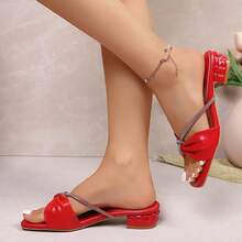 New Summer Slip-On Elegant High Heel Shoes, Solid Color PU Leather With Rhinestones, Thick Heel, Suitable For Wedding, Party, Holiday, Beach - الأحمر - مشاهدة 6