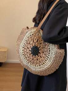 经典编织圆形沙滩单肩包，草编斜挎包，女士手提包，沙滩必备，沙滩用品，夏季必备，度假包，假日必备，旅行、度假、假日和海滩的完美之选 - 黑色 - 查看 4