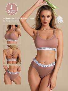 1 Set Women's Letter Print Hollow Criss-Cross Camisole Bra Set, Wireless, Breathable Back Design, Sports Bra Set - Watermelon Pink - View 1