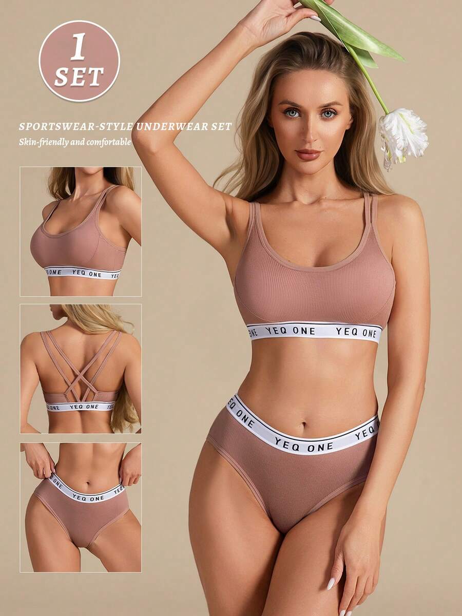 1 Set Women's Letter Print Hollow Criss-Cross Camisole Bra Set, Wireless, Breathable Back Design, Sports Bra Set - Watermelon Pink - View 1