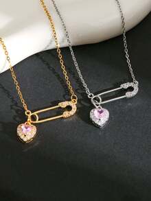 时尚别针心形项链，女士款 - 不锈钢链，铜质吊坠，镶嵌优质立方氧化锆，理想的情人节礼物及日常佩戴饰品（1 件） - 項鍊 - 查看 1