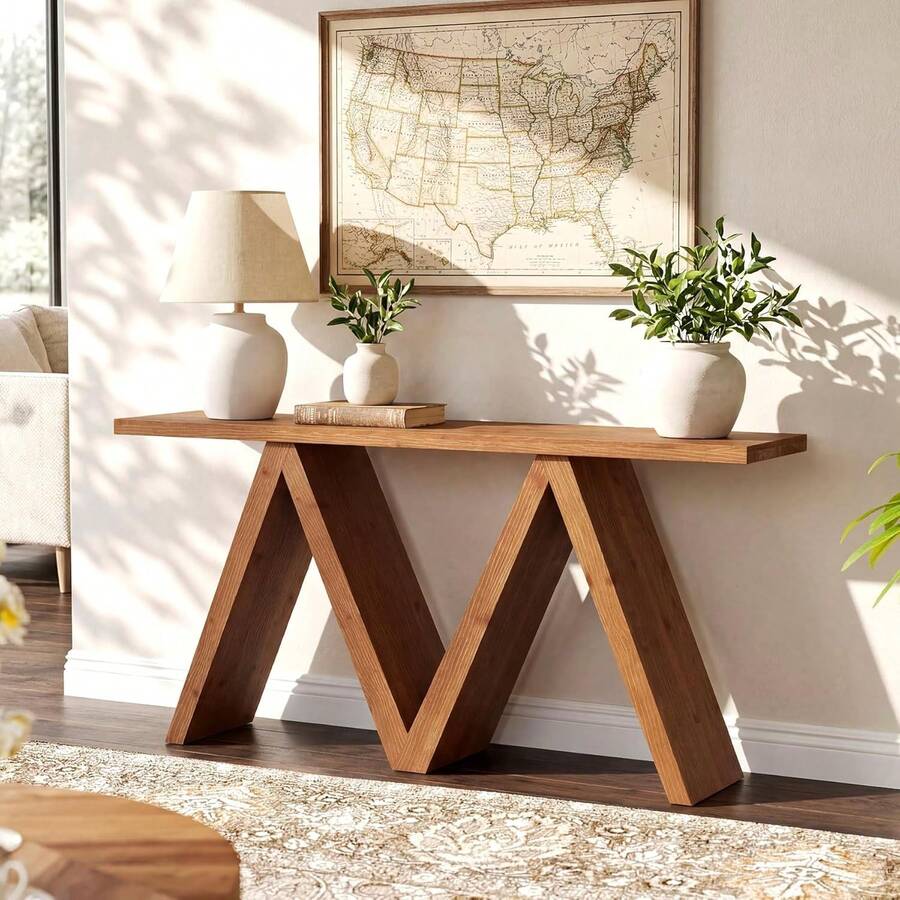 LITTLE TREE 160cm Solid Wood Console Table Farmhouse Sofa Table With M‑Shaped Base For Entryway Hallway Living Room - Brown - View 1