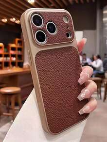 Fashion Lychee Pattern Large Window Phone Case For IPhone 17 Pro Max, 17 Pro, 16 Pro Max, 15, 14 Pro, 13, 12 Pro, 17, With Camera Protection, Matte Soft Anti-Fall Protective Cover - Dark Brown - View 1