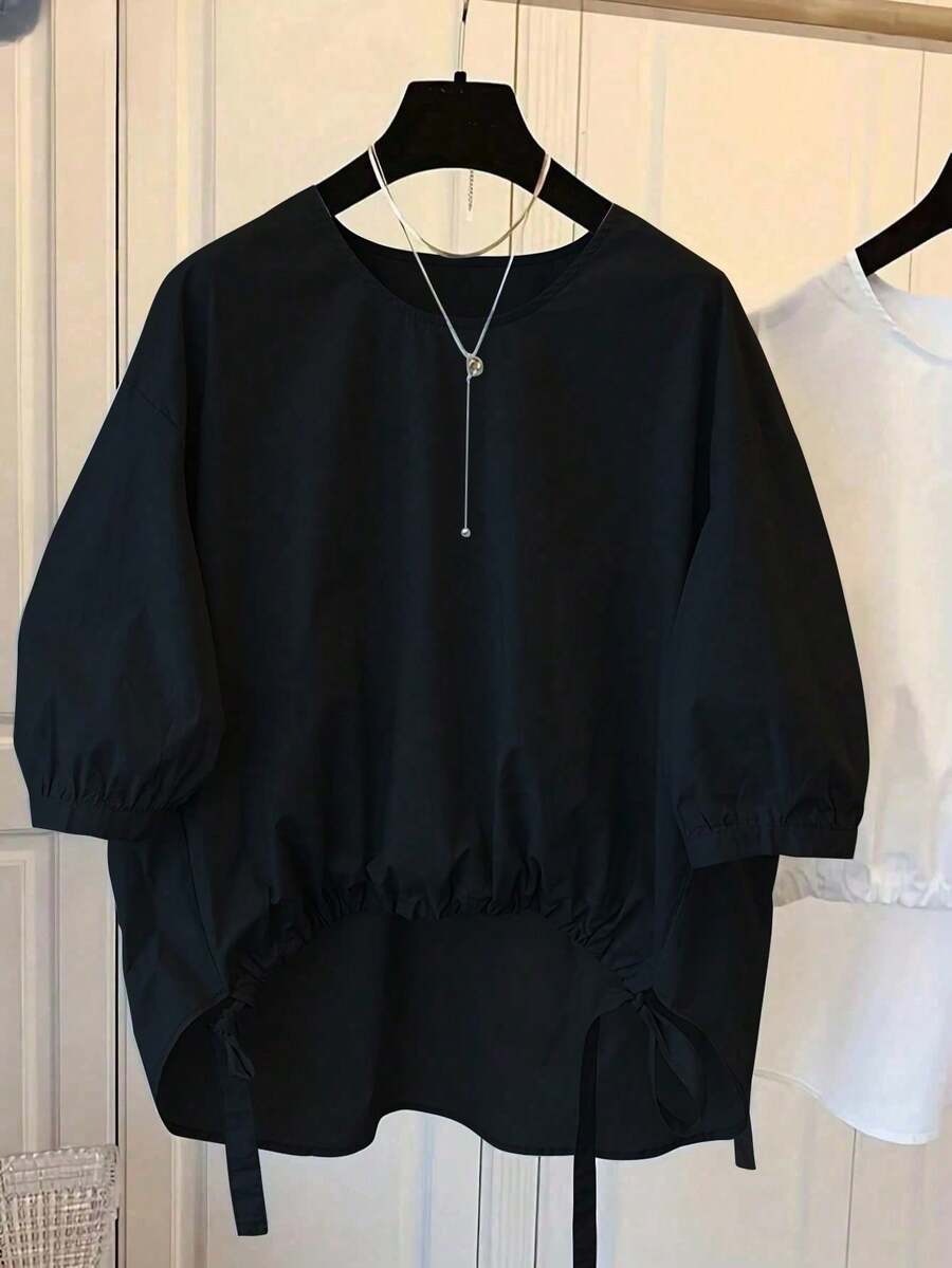 Plus Size Bohemian Style Solid Color Blouse, Regular Length, Asymmetric Hem, 3/4 Puff Sleeves, Comfortable Woven Shirt Spring Black - Black - View 1