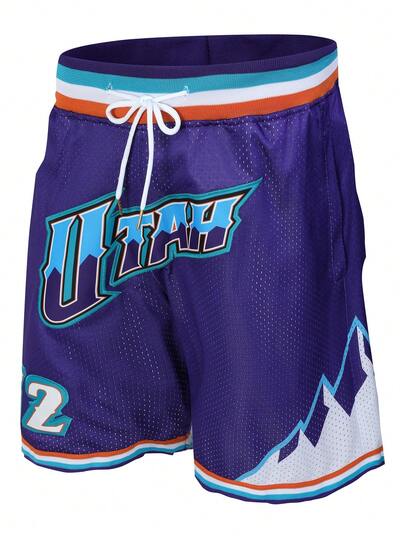 Atonmore Men's Basketball Pants 32 Purple Retro Mesh Embroidered Zipper Pocket Casual Sports Shorts