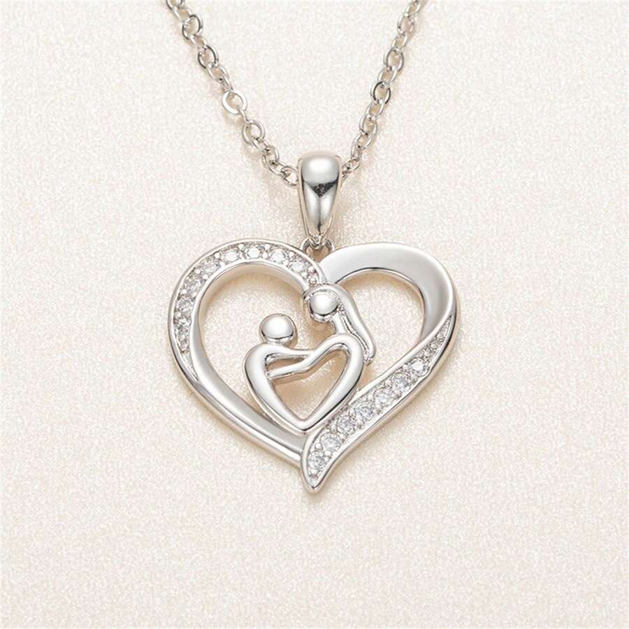 1件优雅银色水钻心形项链，母亲节礼物 - 彩色 - 查看 1