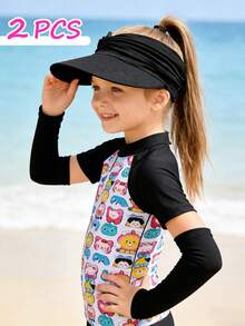 2件套儿童遮阳帽和防紫外线袖套，透气防晒，男女童适用，夏季沙滩运动户外配件 - 空頂帽+冰袖 - 查看 9