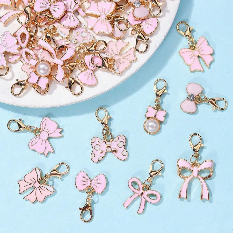 10pcs/Set Cute Pink Bow Keychain Set, Alloy Bow Pendant Keyring Suitable For Backpack, Wallet, Keys, Kawaii Style Student Supplies And Spring Gift - View 1