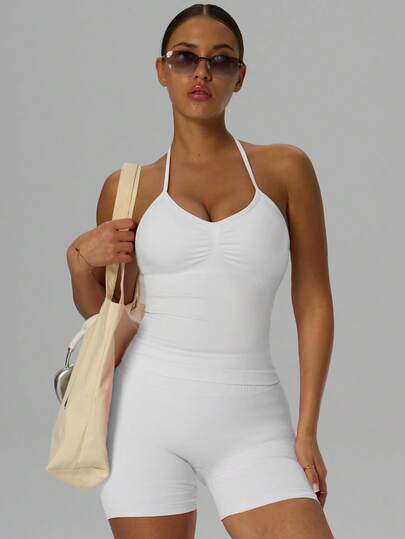 Yefecy Nueva Camiseta de Impacto Deportivo para Yoga para Mujer, Top Blanco de Yoga para Gimnasio, Ropa de Gimnasio con Espalda Descubierta y Sujetador Incorporado con Copas, Apta para Todas las Estaciones, Ropa Casual de Gimnasio, Yoga y Uso Diario