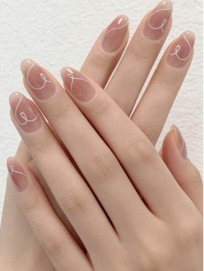Upgrade Your Look With 24 Pieces Of Elegant Nude False Nails, Pink Fashionable Lines And Heart Pattern, Simple Temperament, Sweet And Cute Wearable Manicure Set, Removable And Reusable, Fake Nail Patches Suitable For Festival Wear, Parties, Friends And Dates, Daily Wear