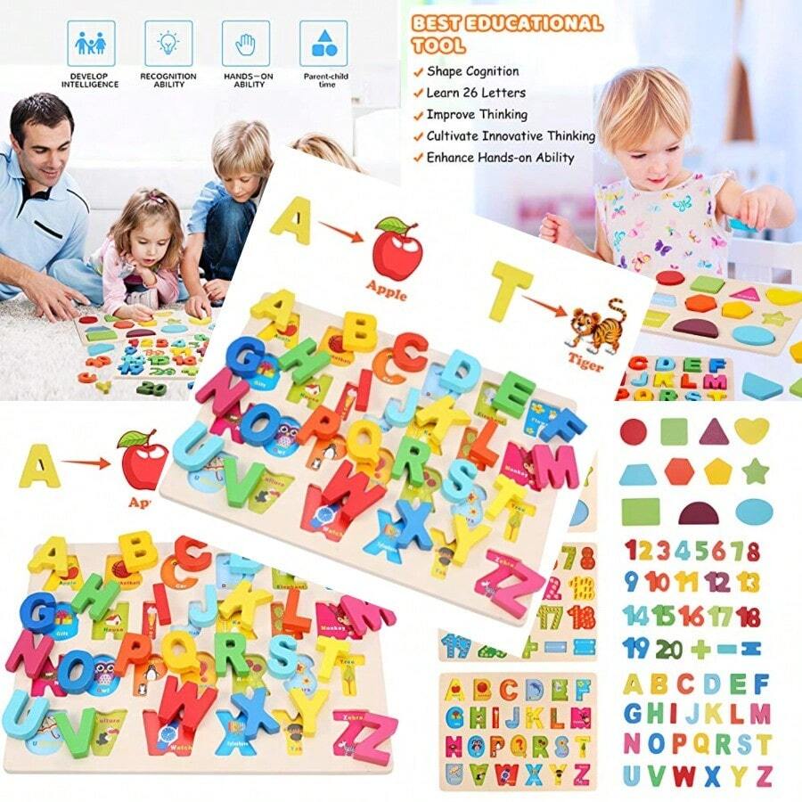GmfsfhtWooden Puzzles For Toddlers LENNYSTONE Wood Alphabet Number Shape Puzzles Preschool Learning Toys For Boys Girls Ages 2 3 4 5 Year Oldshdnddg - Learningpuzzlesset1 - View 1