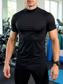 男士半高领跑步衫，吸湿排汗，速干，透气，凉爽运动T恤 - 黑色 - 查看 4