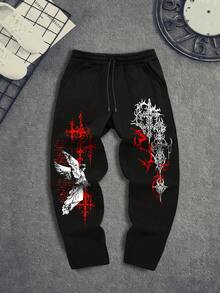 Lonblece 1pc Men's Gothic Street Style Sweatpants, Loose Fit Red & White Cross Print Casual Pants, Street Wear - Black - View 4