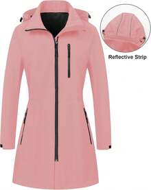 Women's Waterproof Long Trench Coat Fleece Lined Softshell Jacket Lightweight Hooded Raincoat Warm Windbreaker For Outdoor Running Hiking - 粉色 - 查看 3