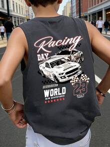 Teen Boys' Sleeveless Tank Top, Vintage Racing Car & Number 23 Print, "Racing DAY" Slogan Accent, Casual Loose Fit Vest, For Back To School, Street Style, Daily Leisure - Dark Grey - View 1