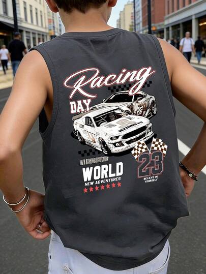 Áo tank top không tay cho nam thiếu niên, in hình xe đua cổ điển và số 23, điểm nhấn khẩu hiệu "Racing DAY", kiểu dáng rộng rãi thoải mái, thích hợp cho mùa tựu trường, phong cách đường phố và mặc thường ngày.