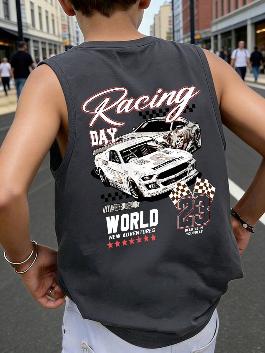 Teen Boys' Sleeveless Tank Top, Vintage Racing Car & Number 23 Print, "Racing DAY" Slogan Accent, Casual Loose Fit Vest, For Back To School, Street Style, Daily Leisure - Dark Grey - View 1