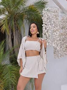 Women's 3-Piece Set: Kimono Skirt, Shorts, And Striped Cropped Top - Summer, Beachwear, Casual, Resort, Stylish, Comfortable, With Vertical Stripes - 駝色 - 查看 4