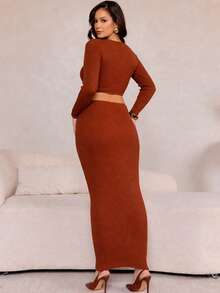 ✨ Vestido Tricot Modal Canelado Luxo Glam Recorte Laterais Power Elegance Premium - Laranja Queimado - Visão 3