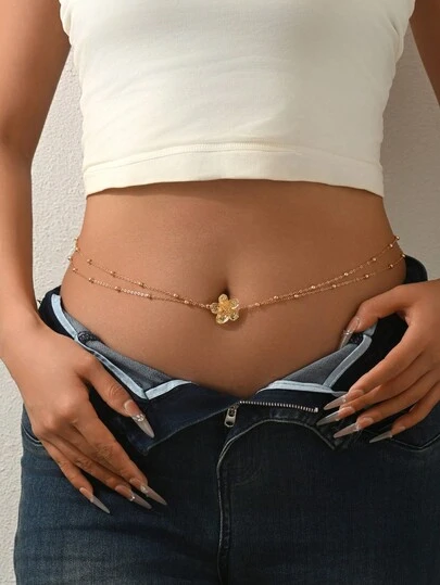 1Pc Dainty Sexy Boho Vacation Style Alloy Gold-Plated Floral Belly Chain For Women Beach Holiday Party And Giving Gifts
