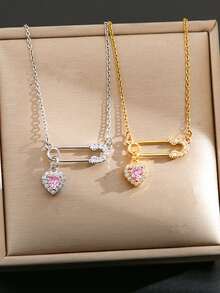 时尚别针心形项链，女士款 - 不锈钢链，铜质吊坠，镶嵌优质立方氧化锆，理想的情人节礼物及日常佩戴饰品（1 件） - 項鍊 - 查看 3