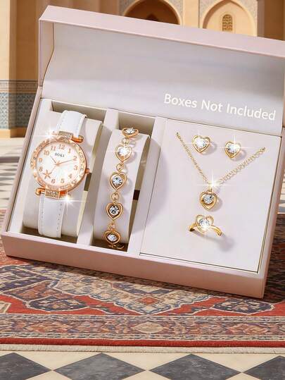 SOKI Mother's Day,Women's Watch, 1 Set, Glamorous And Casual, Fashionable, Exquisite Dial Quartz Watch Set, Paired With A Heart-Shaped Pendant Necklace, Earrings, Ring, And Bracelet Jewelry Set, Perfect For Everyday Wear, Birthday Gifts, Back-To-School Season, Thanksgiving, And Romantic Occasions, The Perfect Gift (Box Not Included)