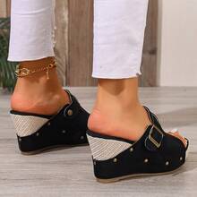 2026 Summer New Black Suede Metal Buckle Wedge Heel Mules, Woven Platform Open Toe Slip-On Sandals, Vacation Style Versatile Thick Sole Slippers For Plus Size Women - Black - View 5