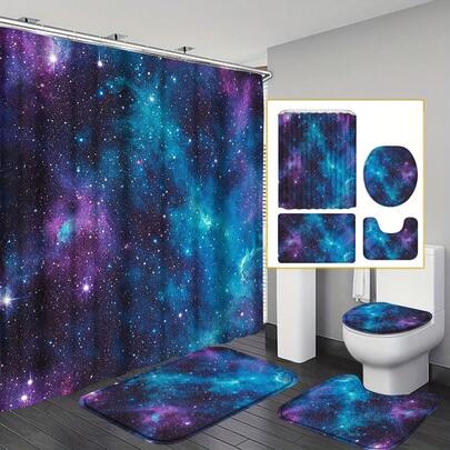 【星空浴帘】四件套星空印花浴帘套装，防水太空星空浴帘，含12个挂钩，防滑浴室地垫，U型马桶垫，马桶盖套，浴室装饰，浴室浴帘套装，浴室配件