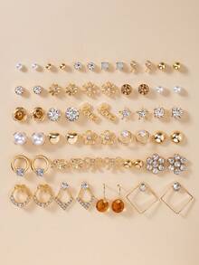 30件/套 时尚女士耳环，休闲日常佩戴 花朵、蝴蝶结、几何组合耳环套装 - 金黃色 - 查看 7