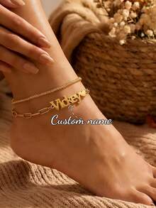 Tobillera personalizada con nombre para mujer, tobillera con colgante con placa de nombre, regalo para ella, joyería de acero inoxidable - Tobillera multicapa estilo 2 - Ver 8