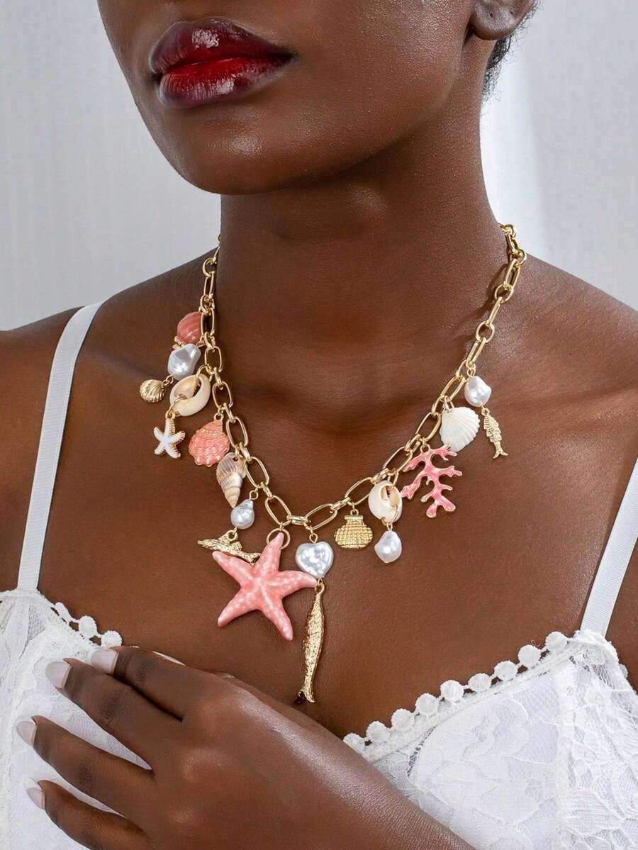 1pc Handmade Starfish, Shell, Sardine Fish Charm Necklace, Spring/Summer Beach Vacation Jewelry With Sea Life Shell, Coral, Faux Pearl Charms - Small Fish and Starfish Pendant Necklace - View 1