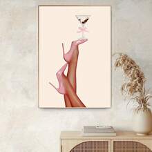 1pc Canvas Wall Art Print, Retro Coquette Pink Stiletto High Heel Legs Martini Cocktail Pink Bow Poster, Feminine Bar Cart Vanity Bedroom Apartment Wall Decor, Girly Vintage Birthday Housewarming Gift For Fashion Aesthetic Home Decor - A - View 13