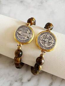 2Pcs San Benito Bracelets Tigher Eye Adjustable Bracelet For Men Girls Boys The Saint Benedict Medal Pendant Protection Blessing Charm Catholic San Benito Handmade Matching Bracelets Couples Valentine Day Gift - Brown - 查看 4
