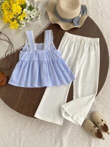 2pcs/Set Girls Casual Ruffle Trim Blouse & Flared Pants Set, Sweet Summer Outfit For Toddler - Baby Blue - View 2