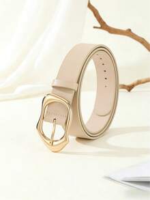 Trending 2026: Minimalist Beige PU Leather Belt | Curved Gold Buckle Design | Versatile Fashion Accessory - Beige - View 3