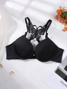 Bra Push Up Seksi Wanita dengan Hiasan Pita Renda di Belakang - Penutup Depan, Pakaian Dalam Berbantalan Memberikan Daya Angkat dan Dukungan - Hitam - View 4