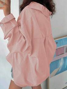 Plus Size Women's Striped Button-Up Shirt, Long Dropped Shoulder Sleeve, Woven Fabric Spring - Baby Pink - View 3