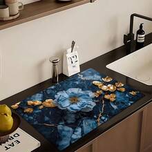 1pc Elegant Floral Blue Marble Pattern Absorbent Dish Drying Mat, Home Decor Coaster For Espresso Machine, Sink, Faucet, Bathroom, Kitchen Accessories - Multicolor - View 4