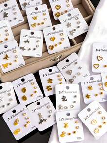 5套（15对）时尚简约精致蝴蝶心形星星不锈钢耳钉套装，适合女士派对、婚礼、日常佩戴，混搭风格，珠宝礼品 - 隨機5組不鏽鋼耳釘 - 查看 3