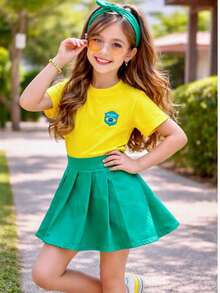 Brazil Kids' Outfit: Shorts, Skirt, And Headband For Girls - Mini Blogger Style - Brazil Look - Green - View 3