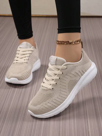Women's Solid Color Sports Shoes, Mesh Fabric Lace-Up Casual Shoes, Lightweight Breathable Low-Top Sneakers For Work, Study, Running, Suitable For All Seasons