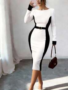 Black & White Splice Long Sleeve Belted Midi Pencil Dress, Slimming & Elegant - Black and White - View 2