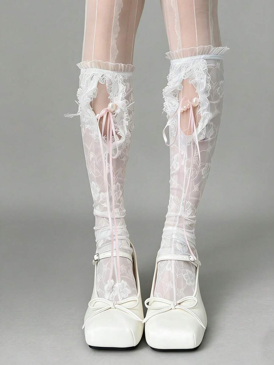 1 Pair Spring/Summer Lace Mid-Calf Socks, Ins Hollow Pearl Net Stockings, Japanese Style Leg Warmers/Knee-High Socks With Ribbon Bow, Lace Pearl Bowknot Ballerina Lolita Slimming Leg Warmers - Multicolor - View 1