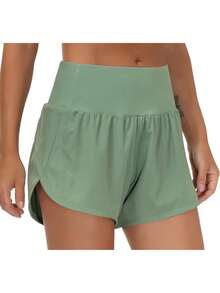 Womens High Waisted Running Shorts Quick Dry Athletic Workout Shorts With Mesh Liner Zipper Pockets - 軍綠色 - 查看 2