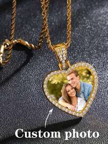Customized Sparkling Rhinestone Cubic Zirconia Round Pendant Necklace, Personalized Commemorative Photo Couple Photo Pendant Necklace, Gift For Her - Multicolor - View 3