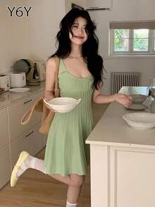 [Y6Y] Đầm slip dệt kim màu xanh bạc hà dành cho nữ, dây đeo rộng, cổ chữ U, hở lưng, vạt xòe, thích hợp mặc hàng ngày vào mùa hè. - màu xanh lá - Xem 4